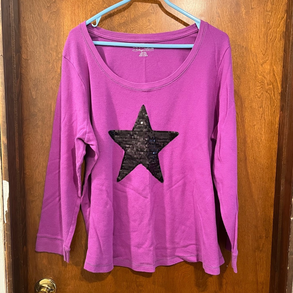 Cacique Purple Long Sleeve Top with Black Sequin Star